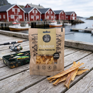 Sea Snacks tørket rødspette på en brygge i et fiskevær, med fiskestang og redskapsboks, AI-generert bilde