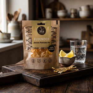 Sea Snacks tørket rødspette på en mørk fjøl med sitronbåter og et glass farris, AI-generert bilde
