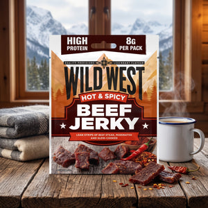 Wild West Beef Jerky Sterk og Krydret på et trebord i en hytte, med ullpledd, emaljekopp og snødekte fjell utenfor vinduet, AI-generert bilde