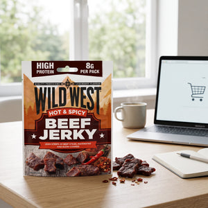 Wild West Beef Jerky Sterk og Krydret på skrivebordet ved siden av laptop, kaffekopp og notatbok, AI-generert bilde
