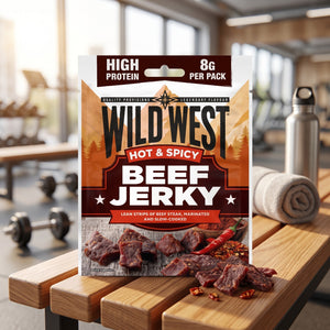 Wild West Beef Jerky Sterk og Krydret på en benk på treningssenteret, med manualer, håndkle og drikkeflaske i bakgrunnen, AI-generert bilde