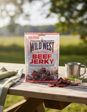 Wild West Beef Jerky Original på et piknikbord med stålkopp og jerkybiter, AI-generert bilde
